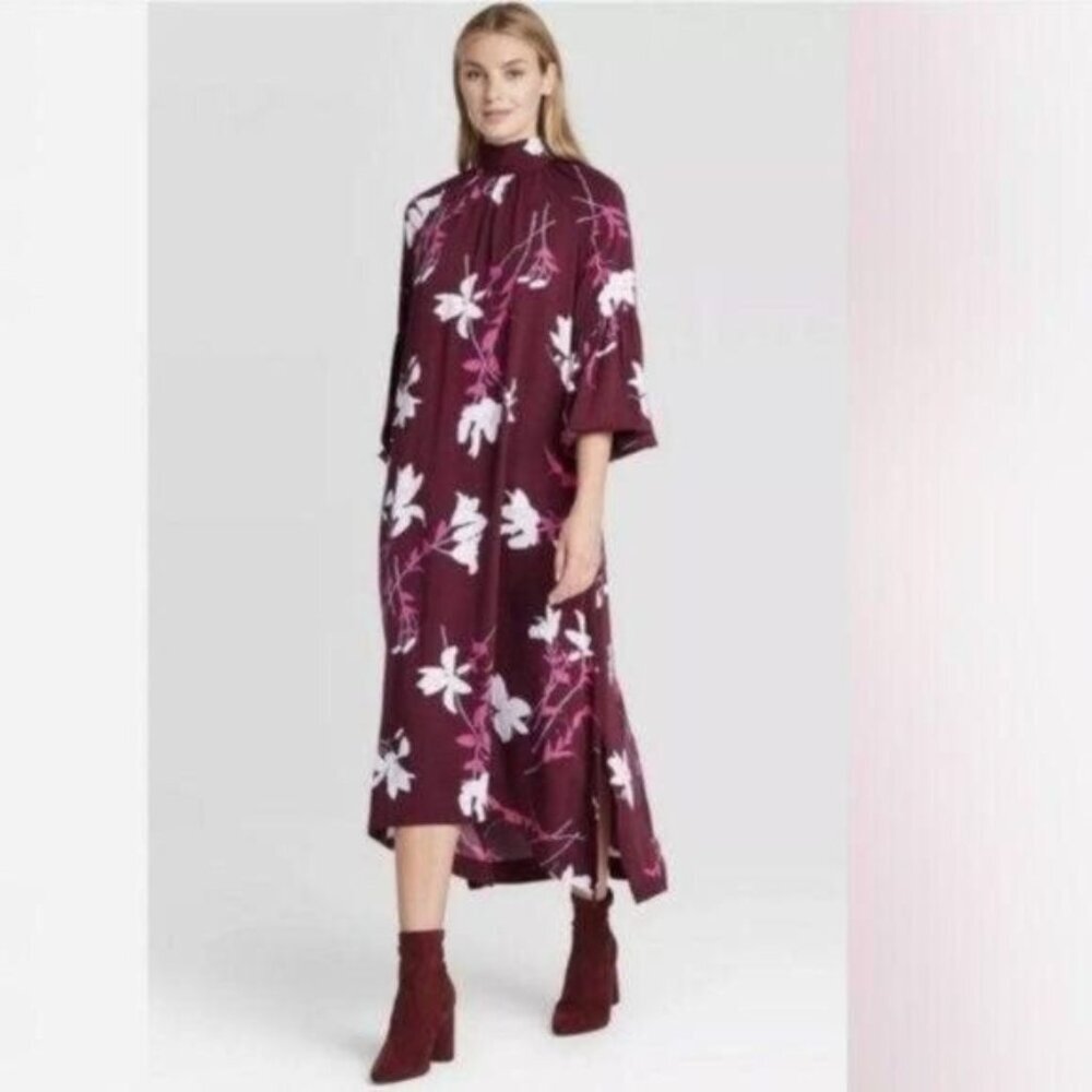 New Prologue Floral Mock Tie Neck Long Dress
